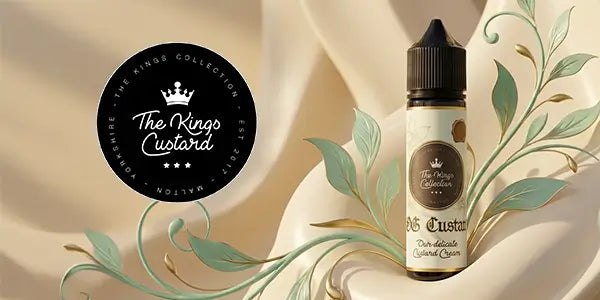 The Kings Custard vape juice logo with a The Kings Custard shortfill bottle OG Custard Flavour
