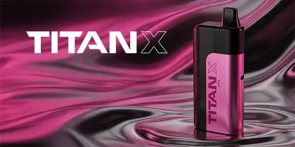 Titan X Logo with a Titan X Vape Kit in pink on a liquid abstract background.