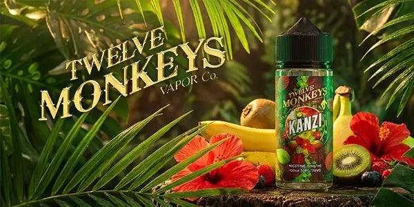 Twelve Monkeys E-Liquids Logo with a 100ml Twelve Monkeys Vape Juice Kanzi Flavour