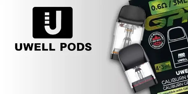 Uwell Pods brand graphic showing two clear replacement pods and a black retail box for Caliburn G3 0.6 ohm / 3mL pods.