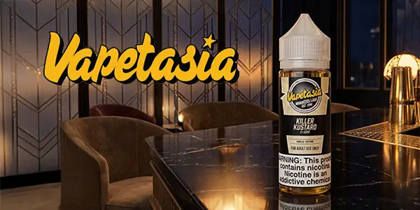 Vapetasia Vape E-liquids logo with a Bottle of Vapetasia Killer Custard 100ml Shortfill Vape Juice Bottle