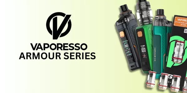 Vaporesso Armour Series vape devices displayed beside the Vaporesso logo on a green gradient background, featuring durable vaporesso armour kits and GTI coils.