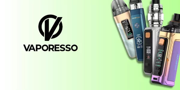 Vaporesso vape logo on a green gradient background with a line up of Vaporesso vape kits displayed on the right side.