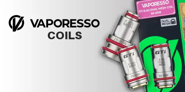 Vaporesso coils displayed beside the Vaporesso logo, featuring GTi mesh coil options with printed resistance and wattage ranges on packaging.
