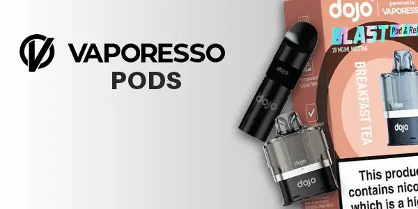 Vaporesso Pods branding with Vaporesso logo and vape pods displayed alongside Dojo Blast refill packaging on a grey background.