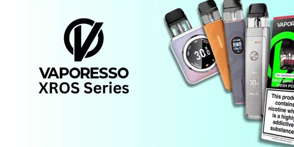 Vaporesso XROS series pod vape devices displayed beside the Vaporesso logo on a light teal background, showcasing multiple colour options and compact designs.