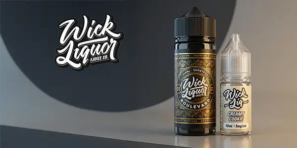 Wick Liquor e-liquid featuring a 100ml Boulevard shortfill bottle with ornate gold labeling and a 10ml Creamy Cookie nicotine salt bottle next to the script brand logo.