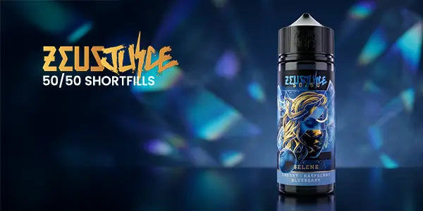 Zeus Juice 50/50 shortfill bottle with blue and black design on a dark background