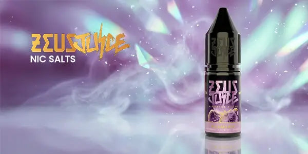 Zeus Juic Nic Salt Logo with a 10ml bottle of Zeus Juice against a colourful, abstract background