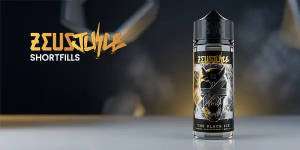 Zeus Zeus Shortfills vape juice bottle on a reflective surface with a blurred background
