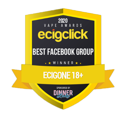 Award badge for Ecigclick's Best Facebook Group 2020, won by Ecigone 18+, sponsored by Dinner Lady.