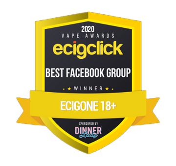 Award badge for Ecigclick's Best Facebook Group 2020, won by Ecigone 18+, sponsored by Dinner Lady.