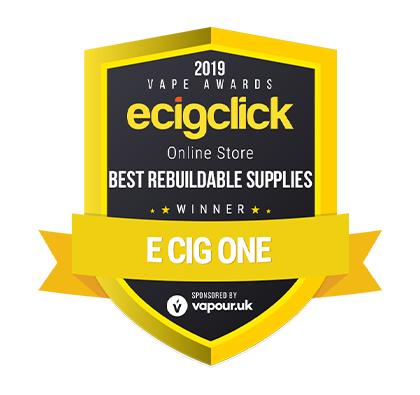 Award badge for E Cig One, winner of Best Rebuildable Supplies, sponsored by vapour.uk.