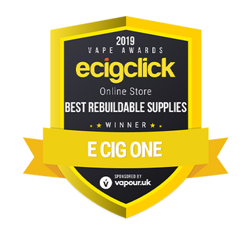 Award badge for E Cig One, winner of Best Rebuildable Supplies, sponsored by vapour.uk.