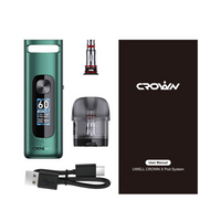 Uwell Crown X Pod System kit with pod, coil, USB cable, and user manual.