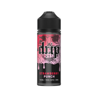 Drip Strawberry Punch e-liquid bottle, 100ml, black cap, pink label design.