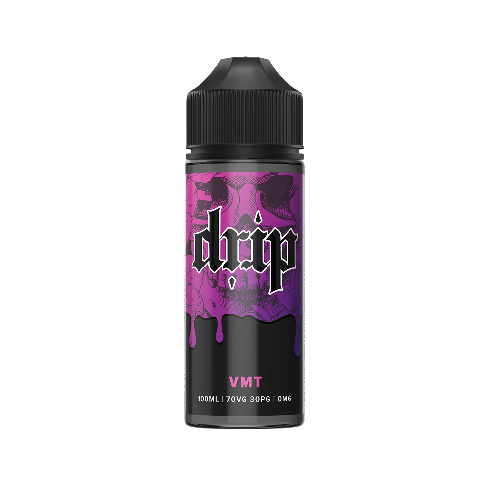 Drip VMT e-liquid bottle with a purple label, 100ml, 70VG/30PG, 0mg nicotine.