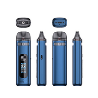 Uwell Crown M Pod Kit in blue, shown from multiple angles, with digital display.