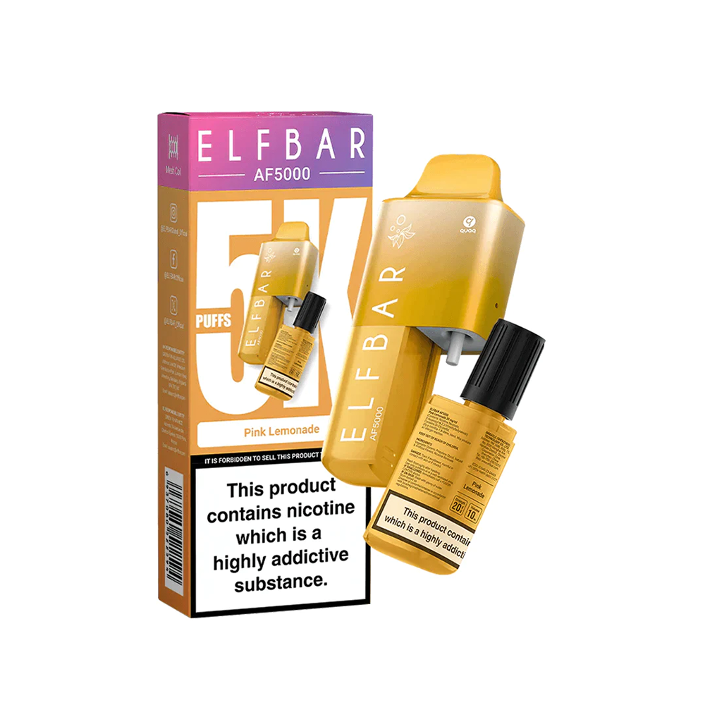 Elf Bar AF5000 Pink Lemonade vape and packaging, with nicotine warning label.