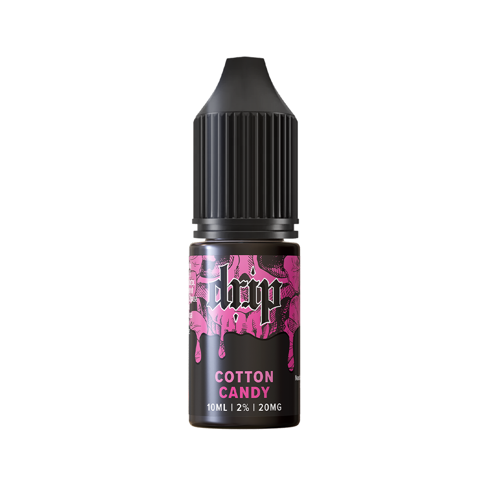 Dripp Cotton Candy vape juice bottle, 10ml, black and pink label.