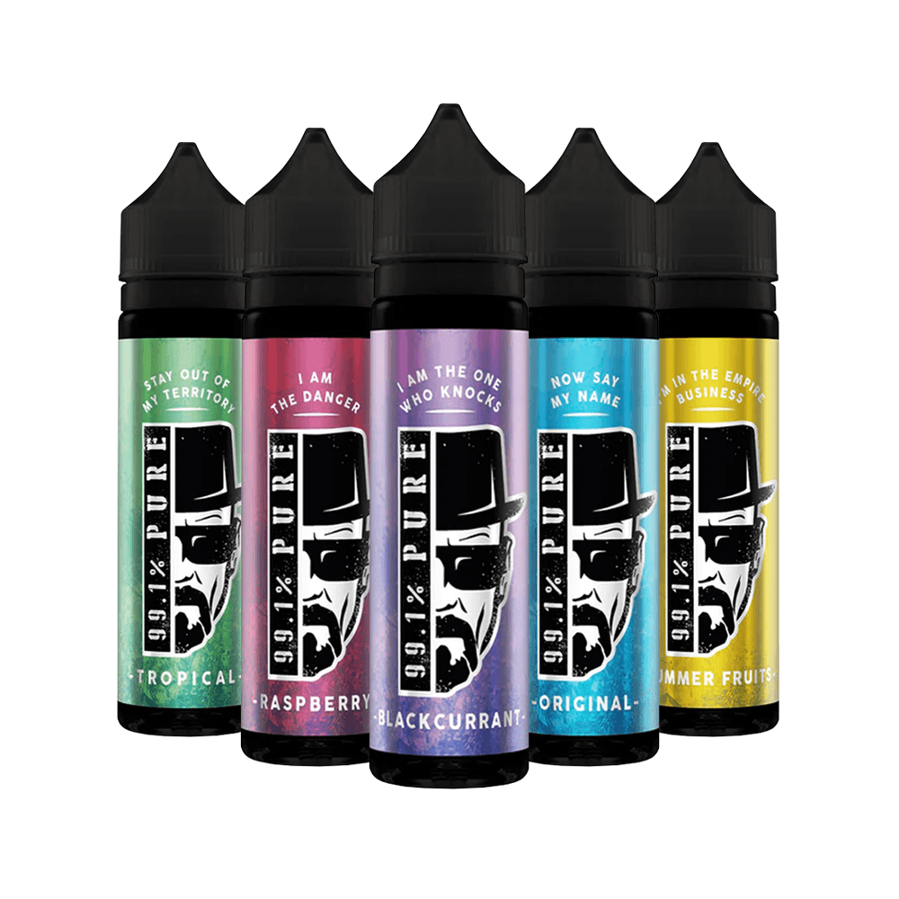 Five 99.1% Pure e-liquid bottles in various flavours: Tropical, Raspberry, Blackcurrant, Original, Summer Fruits.