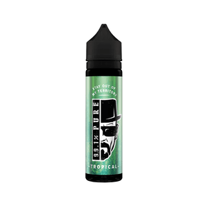 E-liquid bottle with "99.1% Pure" label, tropical flavour, green background.