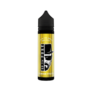 Vape juice bottle, 99.1% Pure, Summer Fruits flavour, black cap, yellow label.