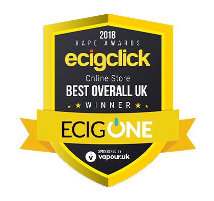 Shield-shaped badge for Ecigclick 2018 Best Overall UK Online Store, sponsored by vapour.uk.