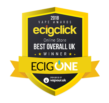 Shield-shaped badge for Ecigclick 2018 Best Overall UK Online Store, sponsored by vapour.uk.