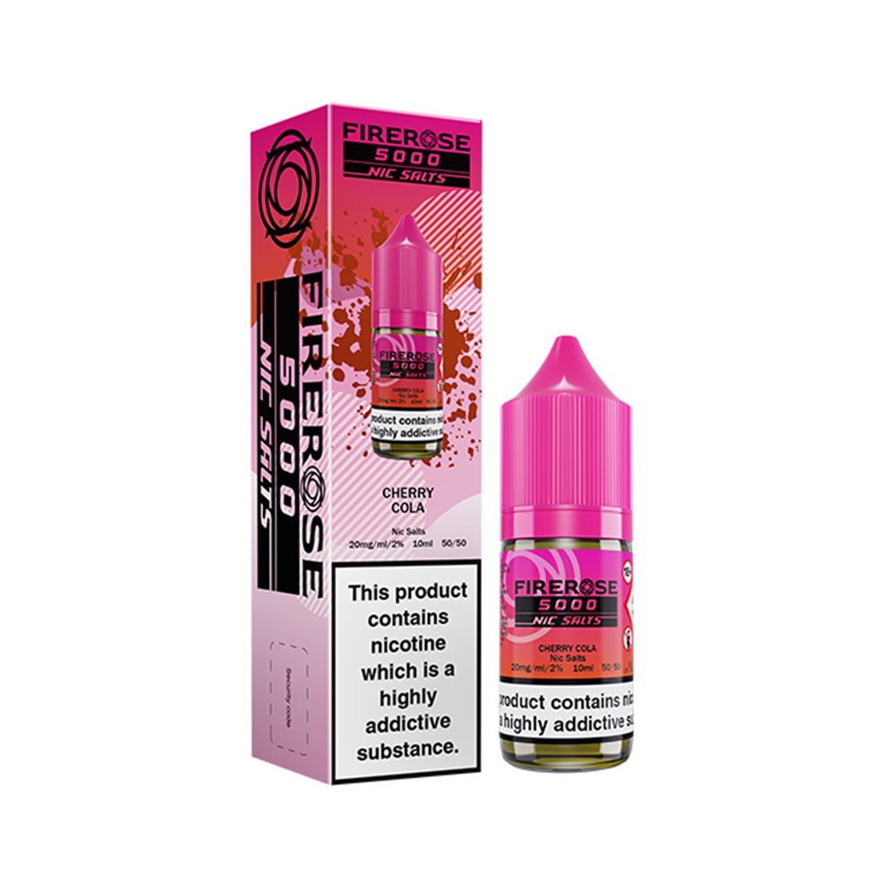 FireRose 5000 Cherry Cola Nic Salts bottle and box, warning about nicotine addiction.