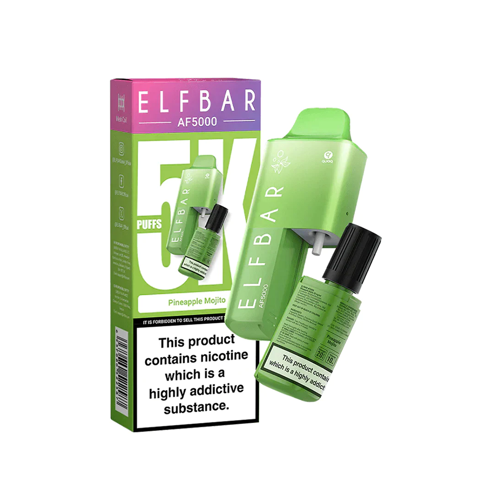 Elf Bar AF5000 vape in Pineapple Mojito flavour, with packaging, highlighting 5000 puffs.