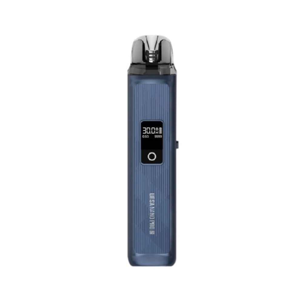 A blue Uwell Caliburn G2 vape with a digital display showing "30.0W."