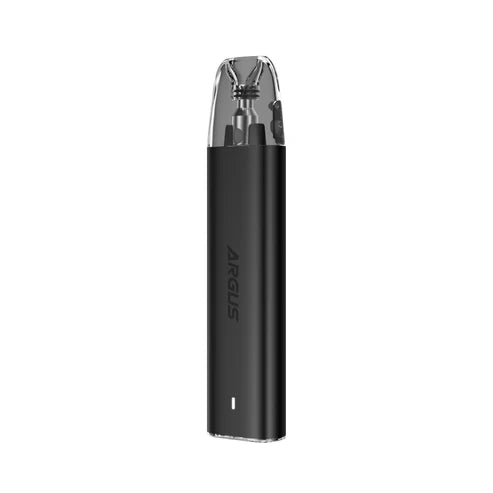 A black Argus G2 Mini vape device with a sleek design and transparent mouthpiece.