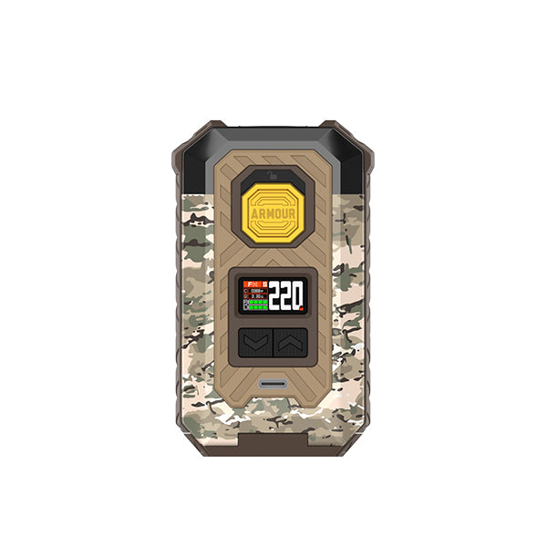 Camouflage-patterned ArmourMax vape mod with digital display showing 220 watts.