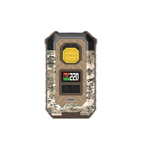 Camouflage-patterned ArmourMax vape mod with digital display showing 220 watts.