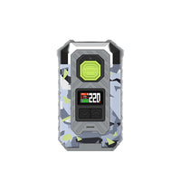 ArmourMax vape mod in blue camo design with digital display and green logo.