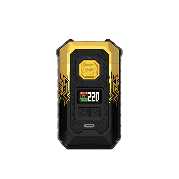 Armour Max Cyber Gold vape mod with digital display and black-gold design.