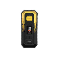 Black and gold Armour vape mod with digital display and geometric design.