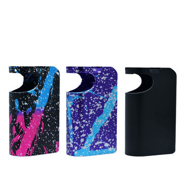 Three Asmodus Minikin Pod Kit replacement shells in vibrant splatter designs and solid black.