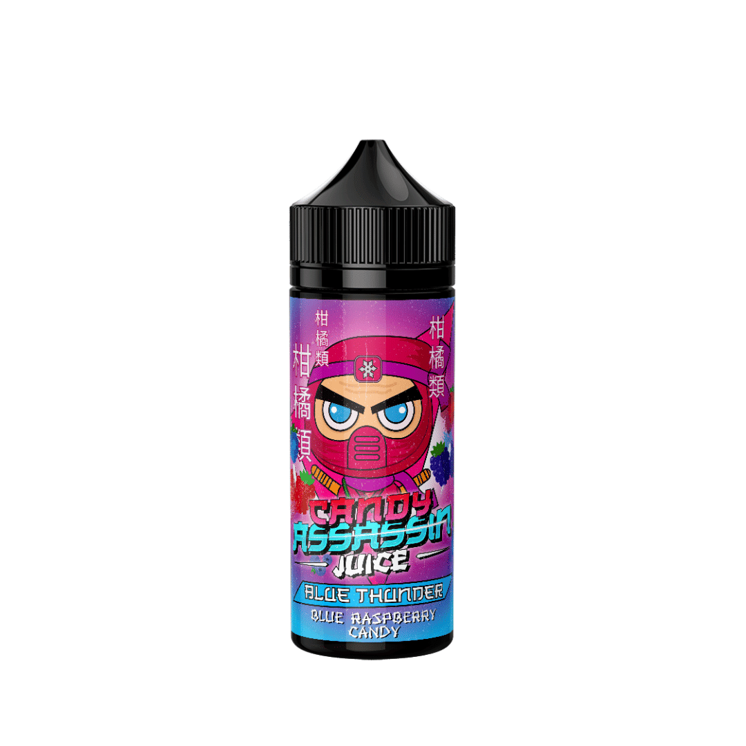 Assassin Juice Blue Thunder 100ml Shortfill bottle with vibrant candy-themed label.