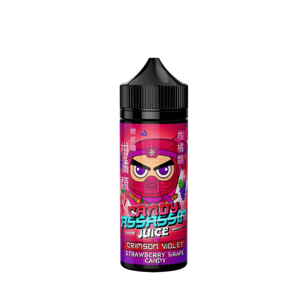 Assassin Juice 100ml shortfill bottle with a ninja design, labeled "Crimson Violet" flavour.