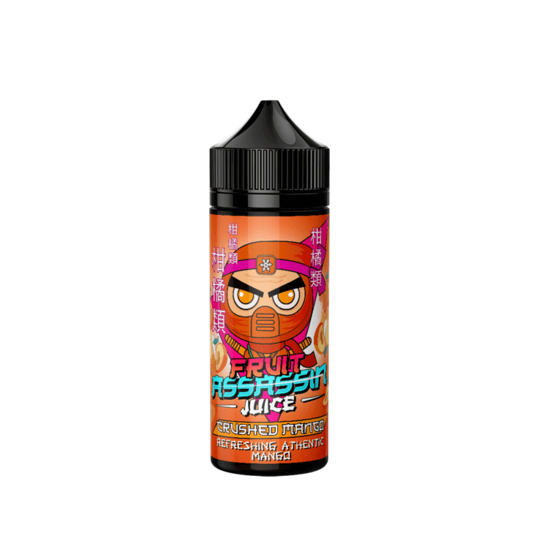 Bottle of Fruit Assassin Juice, Crushed Mango flavour, with vibrant label design.