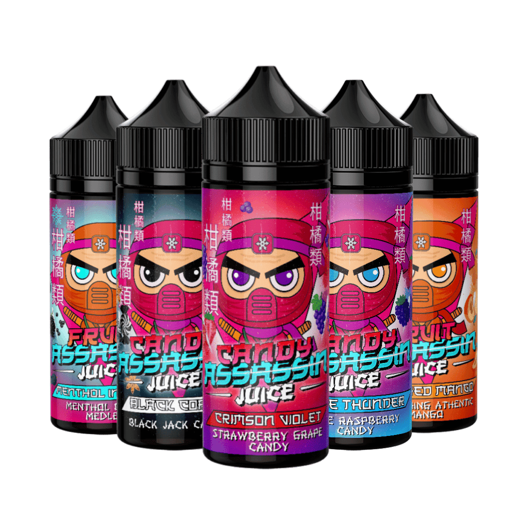 Five colourful Assassin Juice e-liquid bottles with ninja-themed labels.