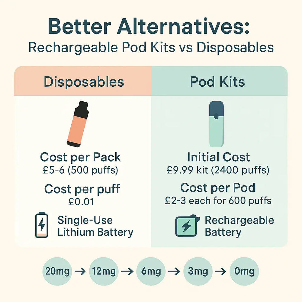 Better Alternatives: Rechargeable Pod Kits vs Disposables.” On the left, disposables cost £5–6 per pack (500 puffs), £0.01 per puff, and use single-use lithium batteries. On the right, pod kits have a £9.99 initial cost (2400 puffs), £2–3 per pod (600 puffs), and use rechargeable batteries. A nicotine reduction scale shows 20mg to 0mg options.