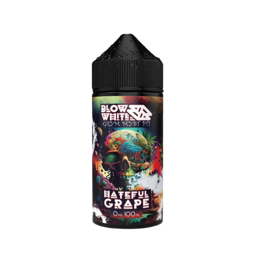 Blow White Grym Myst Hateful Grape 100ml e-liquid bottle with a vibrant skull design.