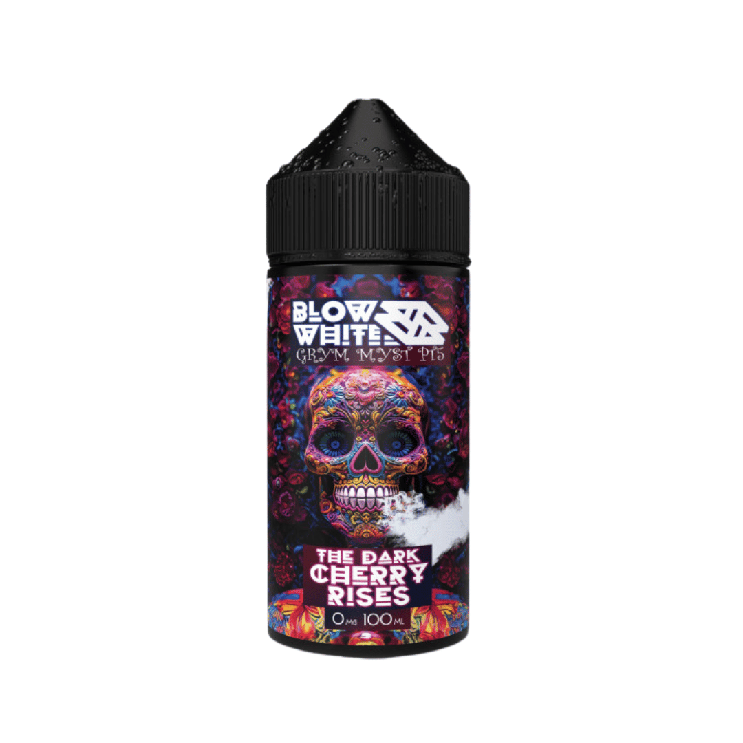 Blow White Grym Myst e-liquid, "The Dark Cherry Rises" 100ml Shortfill bottle with skull design.