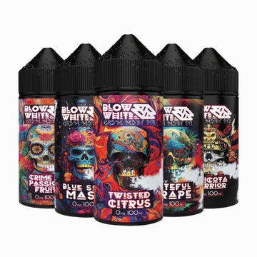 Five Blow White Grym Myst 100ml e-liquid bottles with colourful, skull-themed labels.