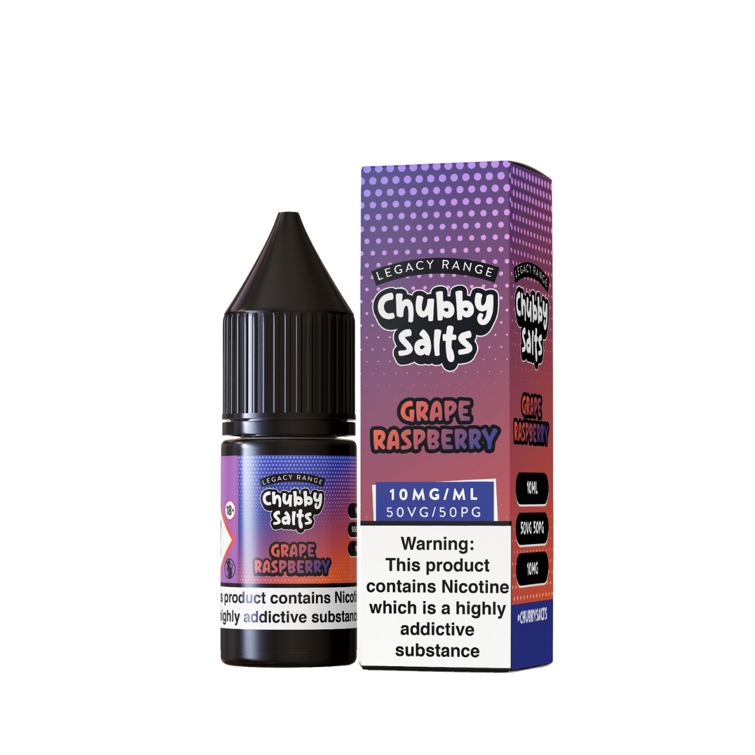 Chubby Salts Grape Raspberry 10ml nic salt bottle and box with a purple and pink design.