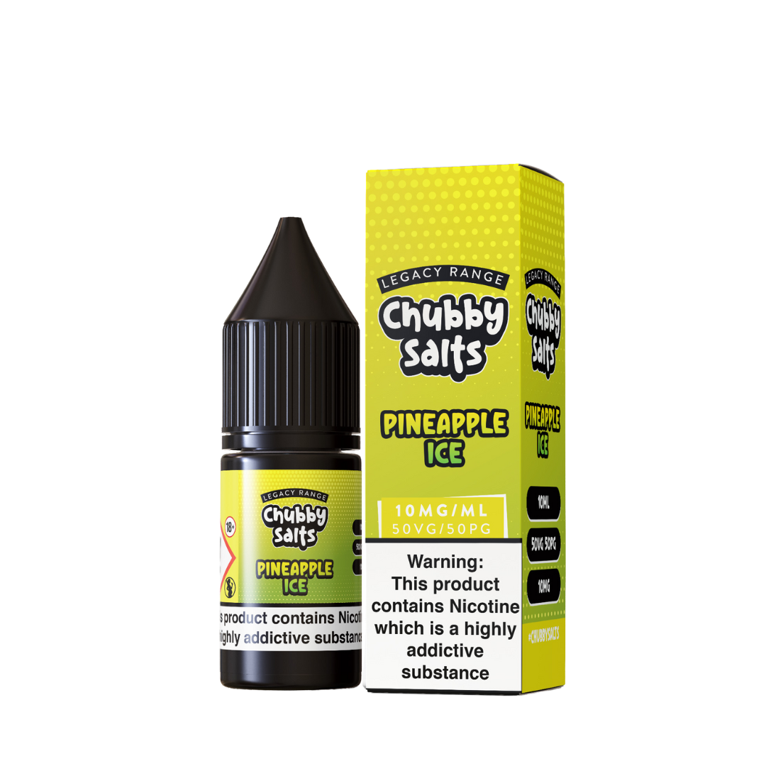 Chubby Salts Pineapple Ice 10ml nic salt bottle and box with vibrant yellow-green packaging.