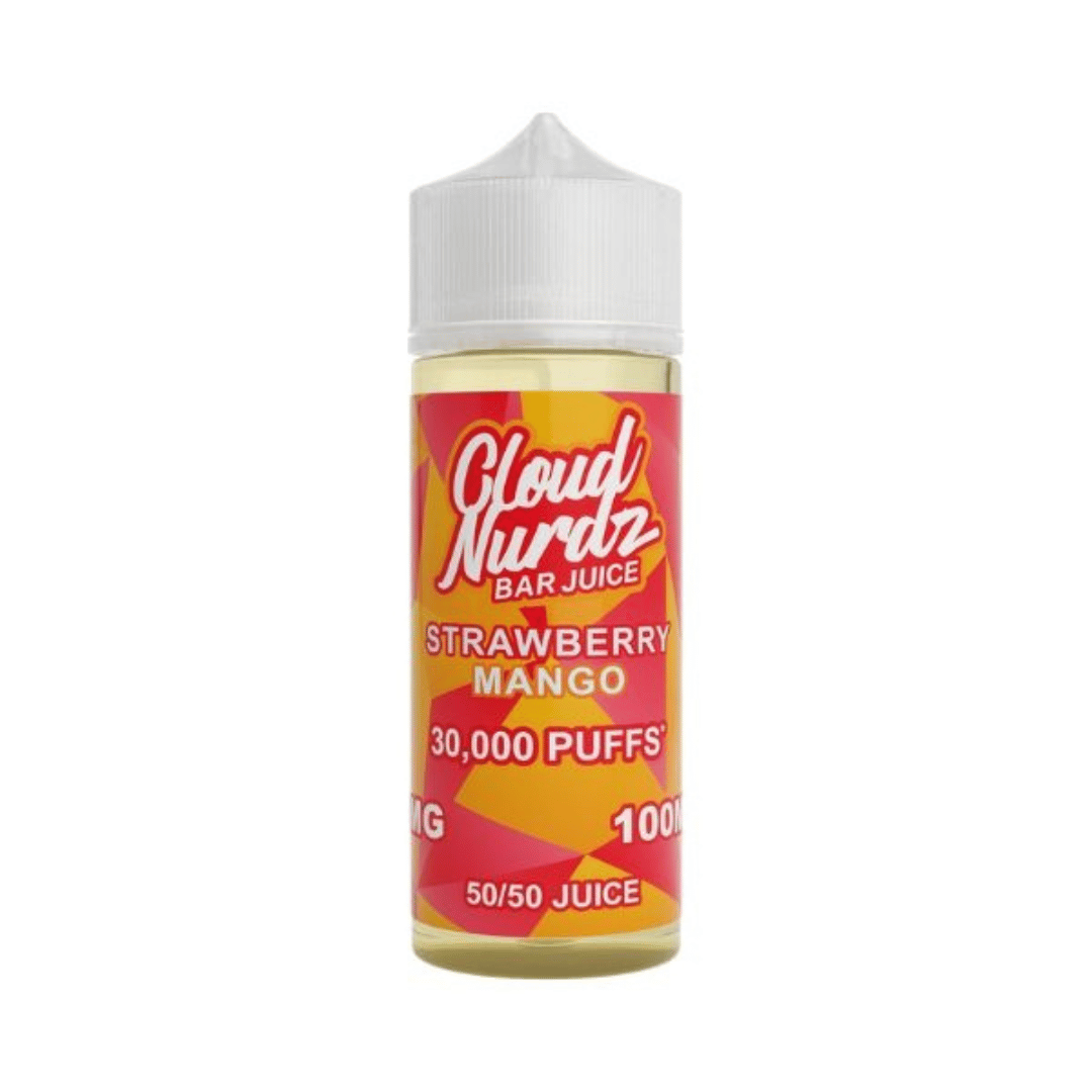 Cloud Nurdz Bar Juice 100ml bottle, Strawberry Mango flavour, 30,000 puffs label.